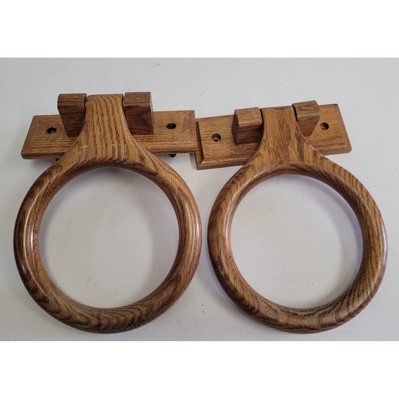 Vintage Set Of 2 Solid Oak‎ Wood Bathroom Towel Holder Ring Brown Wall Mount - Picture 1 of 12